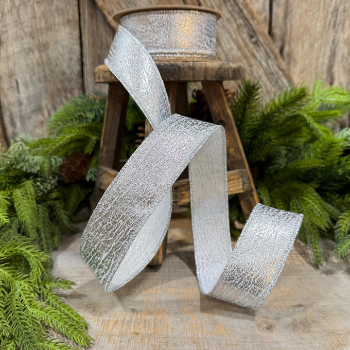 1.5" Silver Faux Leather Wired Ribbon, Metallic, 10 Yard Roll