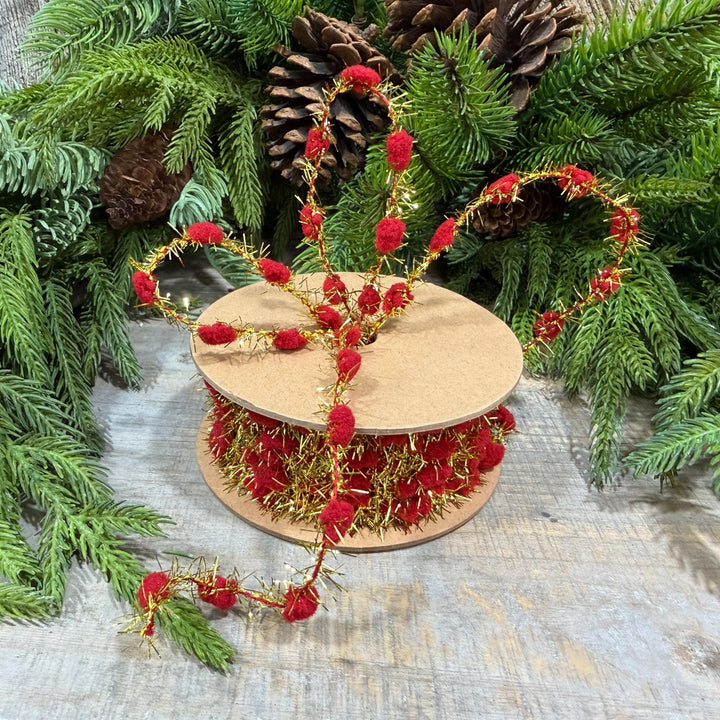 3/8" Red Pom Pom Tinsel Garland, Gold Metallic, 10 Yard Roll