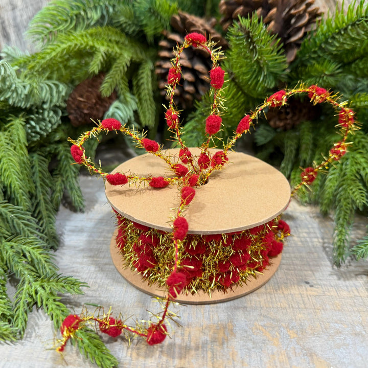 3/8" Red Pom Pom Tinsel Garland, Gold Metallic, 10 Yard Roll