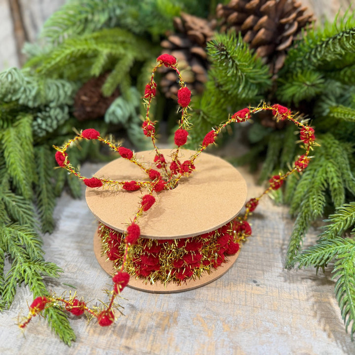 3/8" Red Pom Pom Tinsel Garland, Gold Metallic, 10 Yard Roll