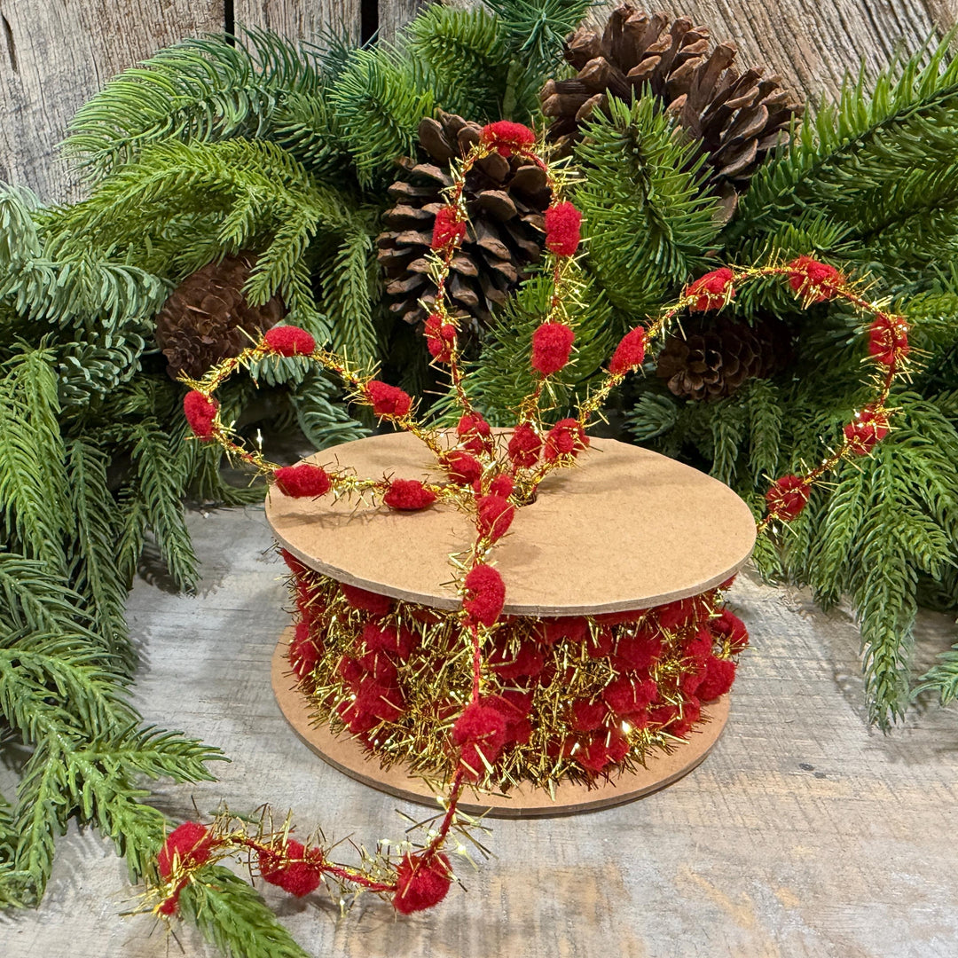 3/8" Red Pom Pom Tinsel Garland, Gold Metallic, 10 Yard Roll