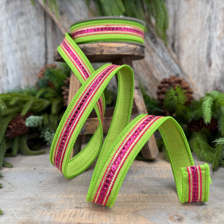 1" Lime Green &amp; Hot Pink Twinkle Trim Wired Ribbon, 10 Yard Roll