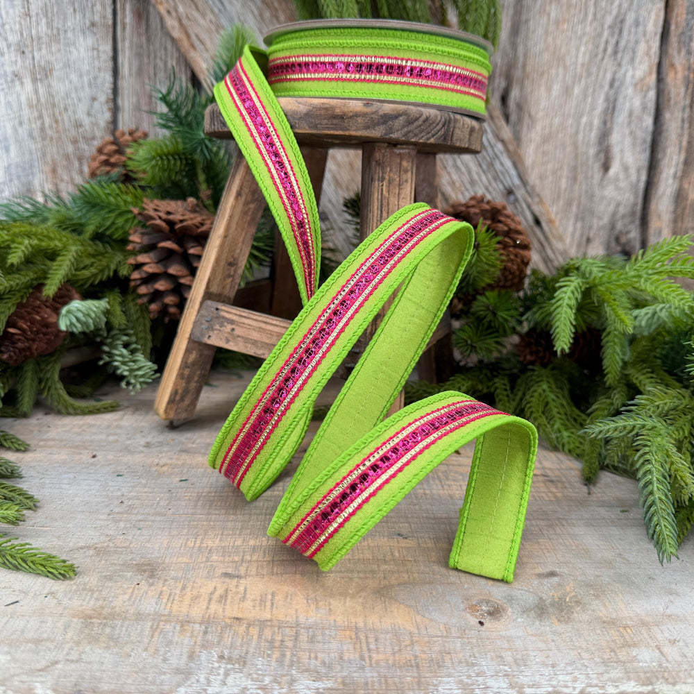 1" Lime Green & Hot Pink Twinkle Trim Wired Ribbon, 10 Yard Roll