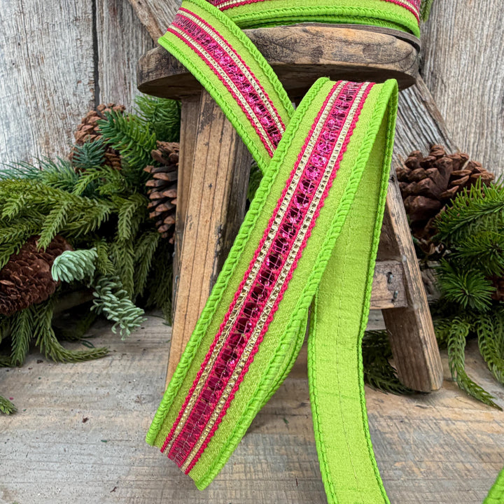 1" Lime Green &amp; Hot Pink Twinkle Trim Wired Ribbon, 10 Yard Roll