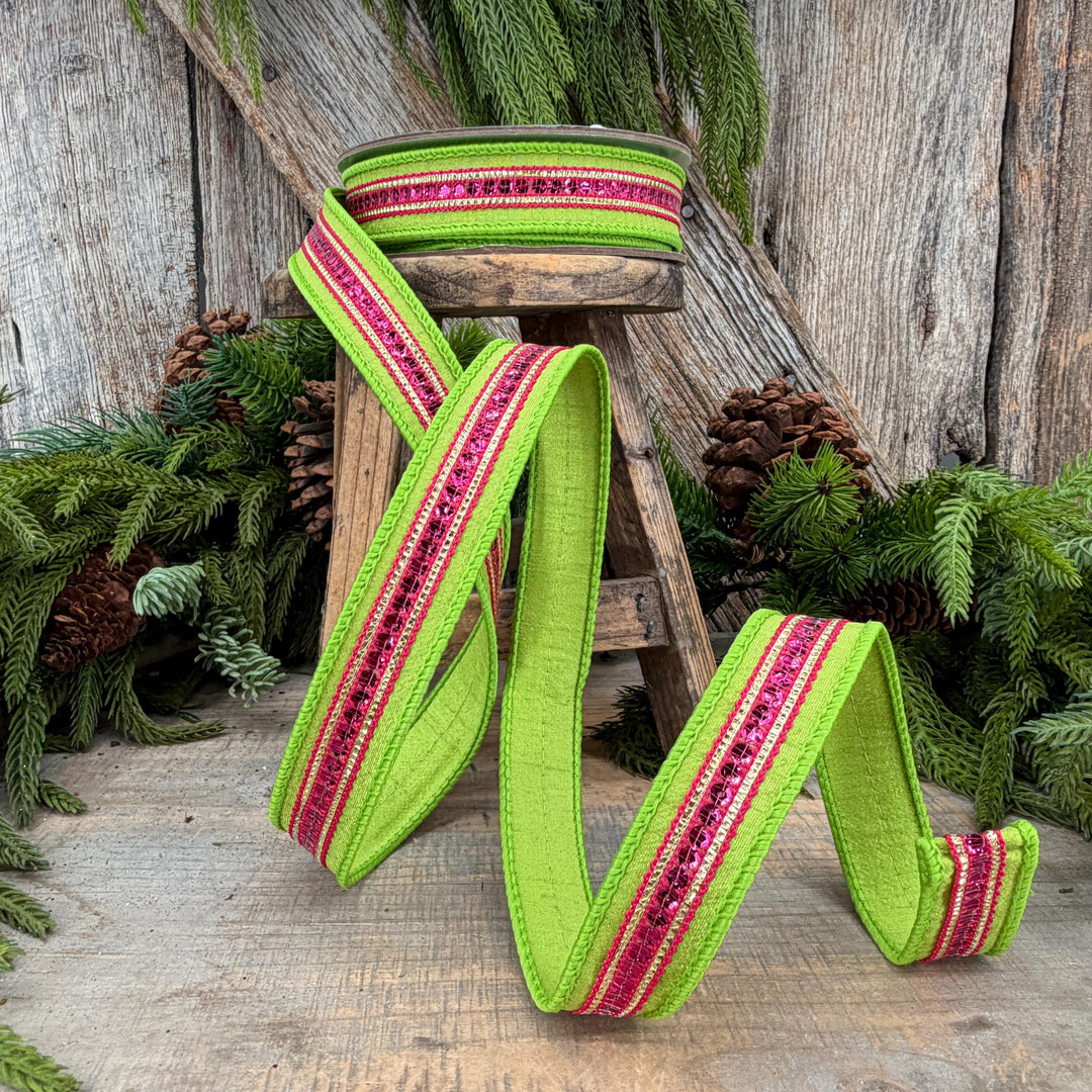 1" Lime Green &amp; Hot Pink Twinkle Trim Wired Ribbon, 10 Yard Roll
