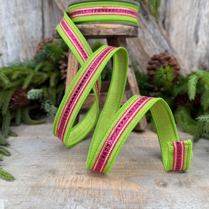 1" Lime Green &amp; Hot Pink Twinkle Trim Wired Ribbon, 10 Yard Roll