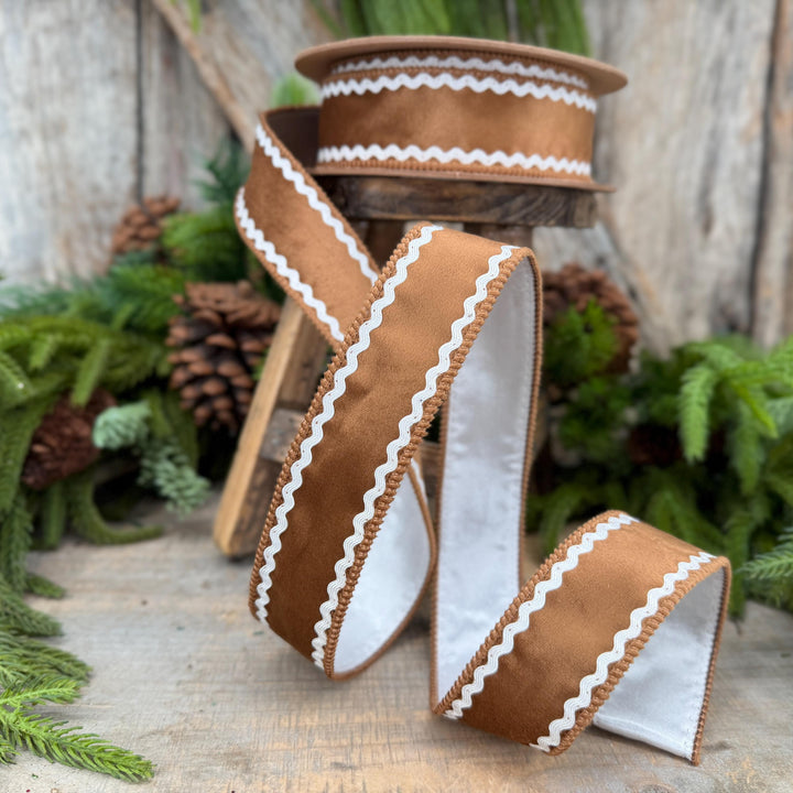 1.5" Gingerbread Brown Velvet Wired Ribbon with White Trim, 10 Yard Roll