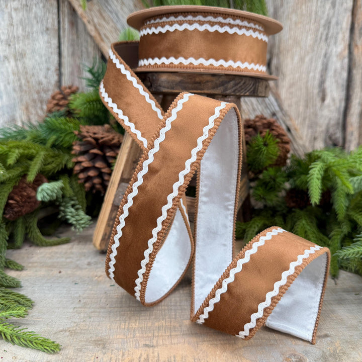 1.5" Gingerbread Brown Velvet Wired Ribbon with White Trim, 10 Yard Roll