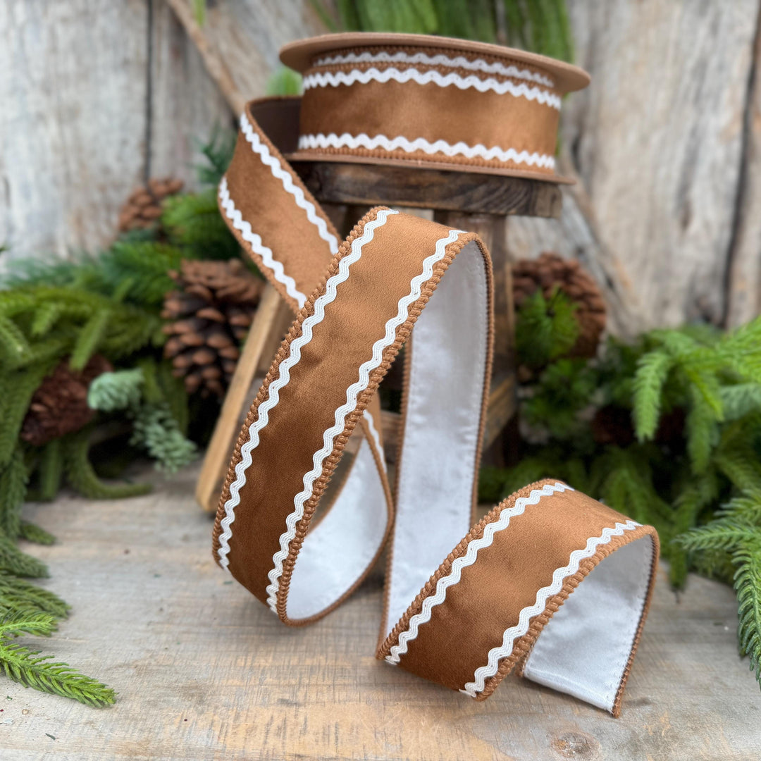 1.5" Gingerbread Brown Velvet Wired Ribbon with White Trim, 10 Yard Roll