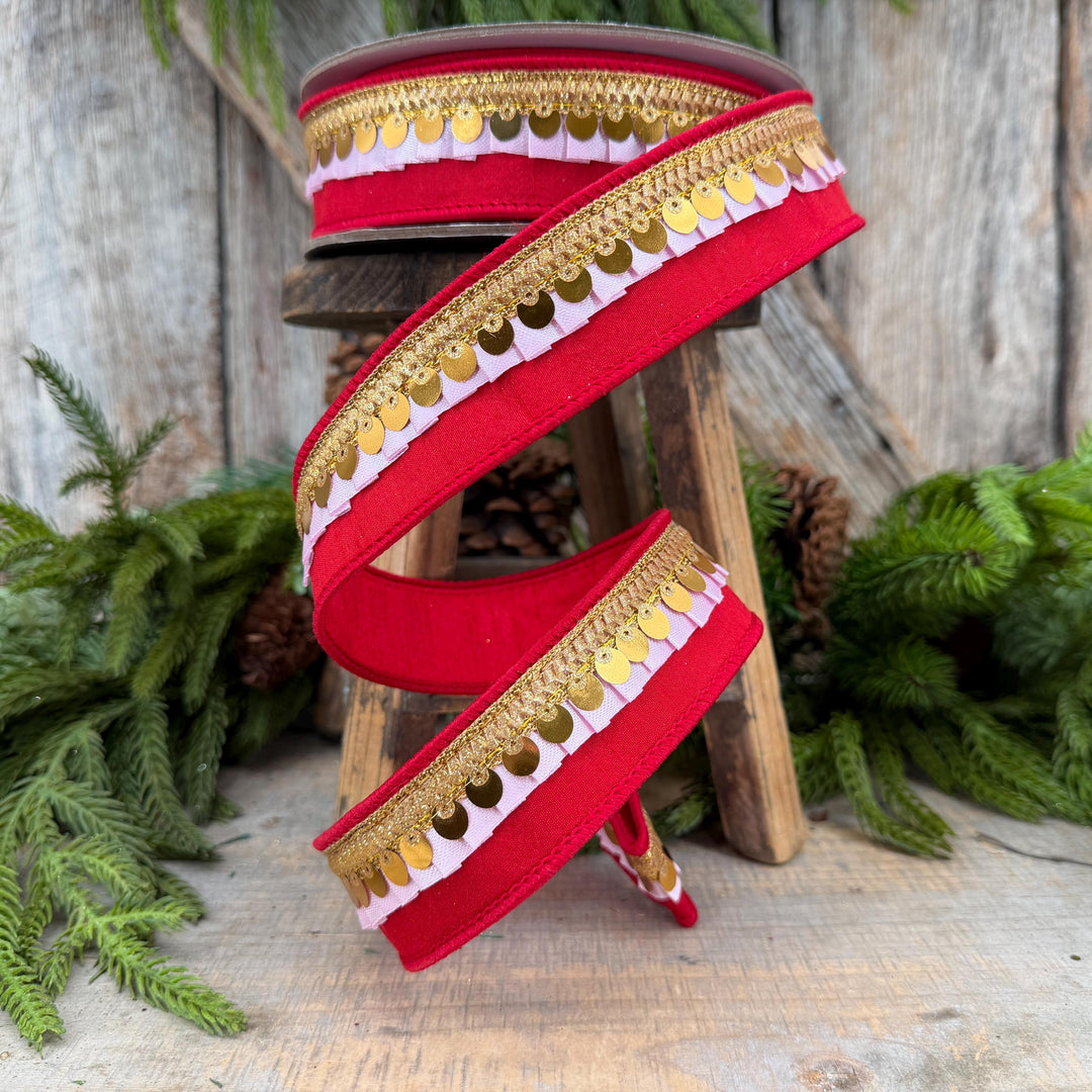 1.5" Red &amp; Light Pink Festive Frills Ribbon with Gold Sequin Trim, 10 Yard Roll