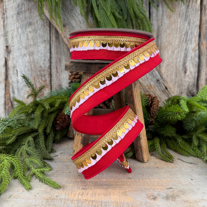 1.5" Red &amp; Light Pink Festive Frills Ribbon with Gold Sequin Trim, 10 Yard Roll