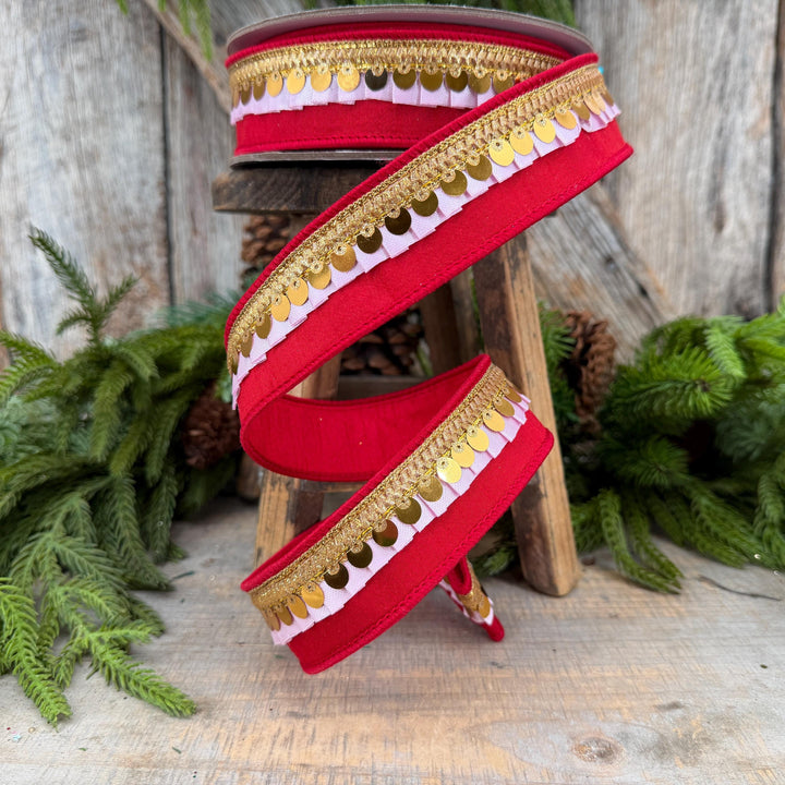 1.5" Red &amp; Light Pink Festive Frills Ribbon with Gold Sequin Trim, 10 Yard Roll