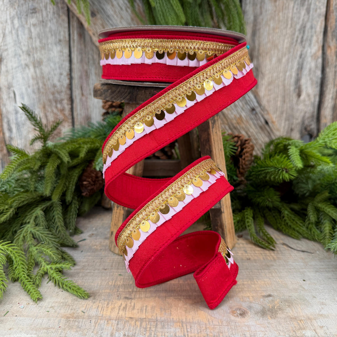 1.5" Red &amp; Light Pink Festive Frills Ribbon with Gold Sequin Trim, 10 Yard Roll