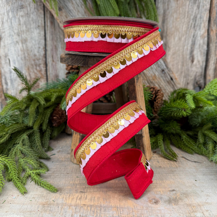 1.5" Red &amp; Light Pink Festive Frills Ribbon with Gold Sequin Trim, 10 Yard Roll