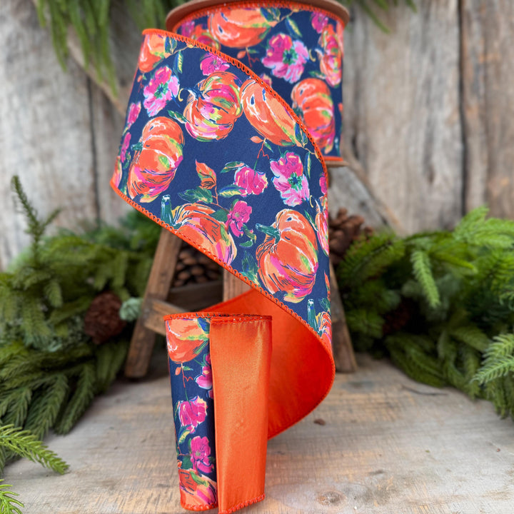 4" Pumpkin floral ribbon, Fall Ribbon