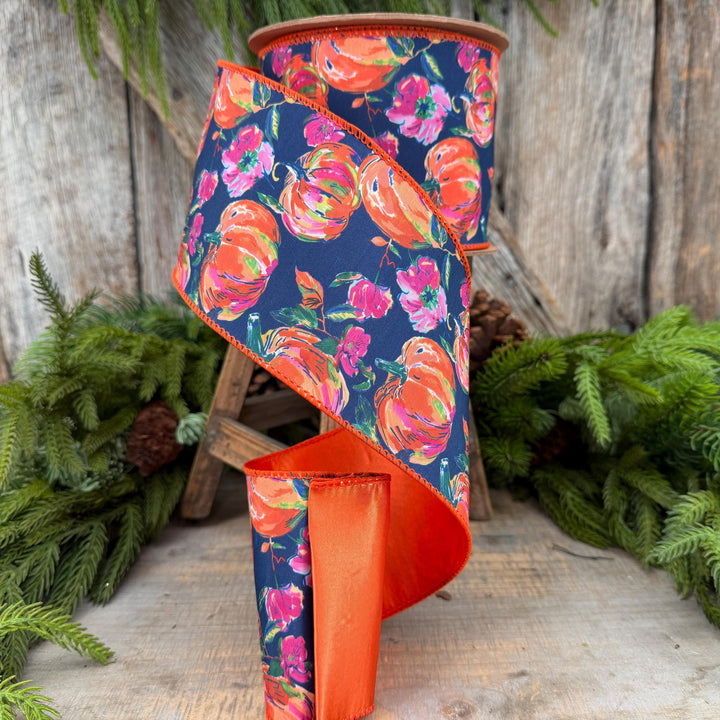 4" Pumpkin floral ribbon, Fall Ribbon