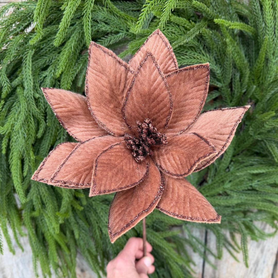 20" Brown Velvet Poinsettia Stem with Glittered Edges, Woodland Christmas Floral