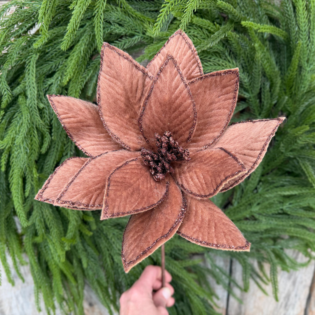 20" Brown Velvet Poinsettia Stem with Glittered Edges, Woodland Christmas Floral