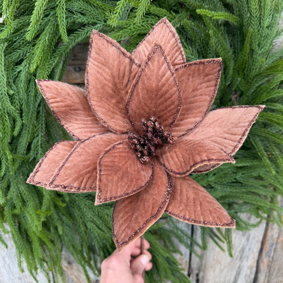 20" Brown Velvet Poinsettia Stem with Glittered Edges, Woodland Christmas Floral