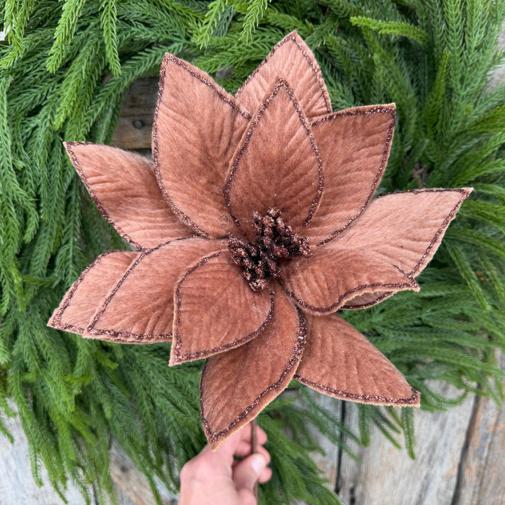 20" Brown Velvet Poinsettia Stem with Glittered Edges, Woodland Christmas Floral