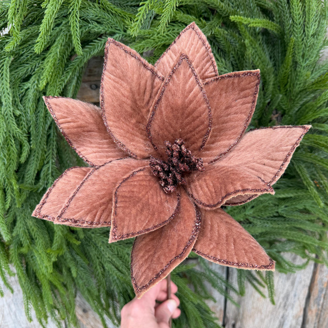 20" Brown Velvet Poinsettia Stem with Glittered Edges, Woodland Christmas Floral
