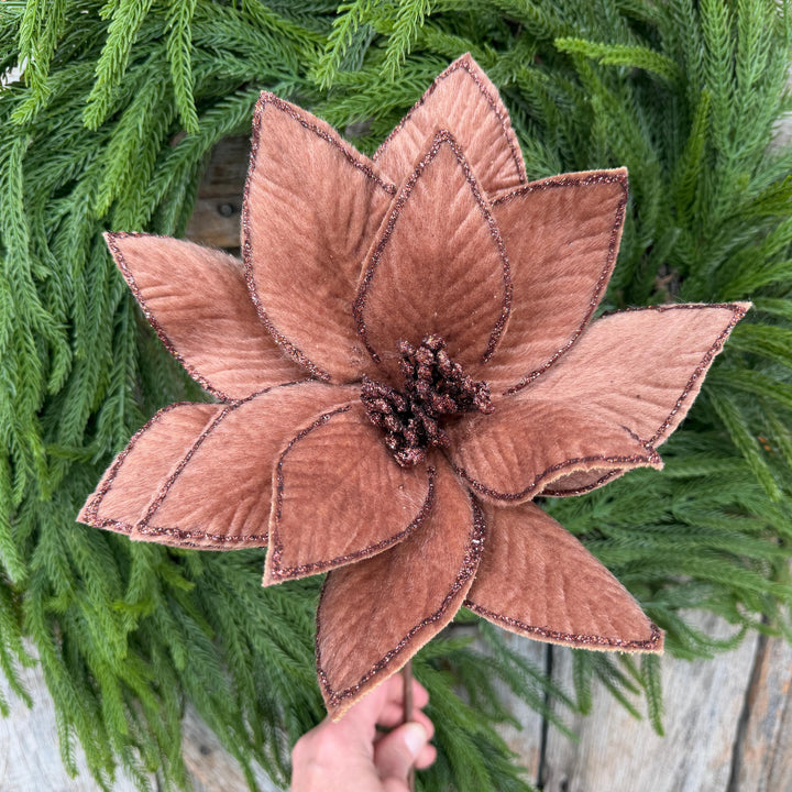 20" Brown Velvet Poinsettia Stem with Glittered Edges, Woodland Christmas Floral