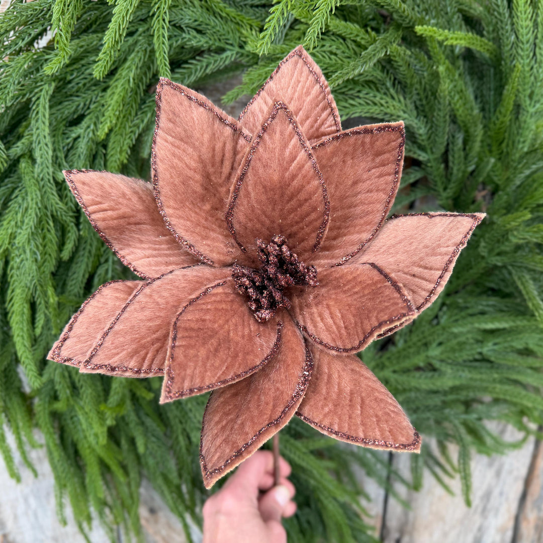 20" Brown Velvet Poinsettia Stem with Glittered Edges, Woodland Christmas Floral