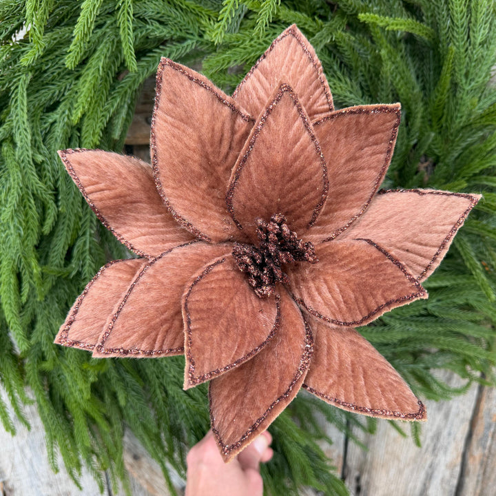 20" Brown Velvet Poinsettia Stem with Glittered Edges, Woodland Christmas Floral