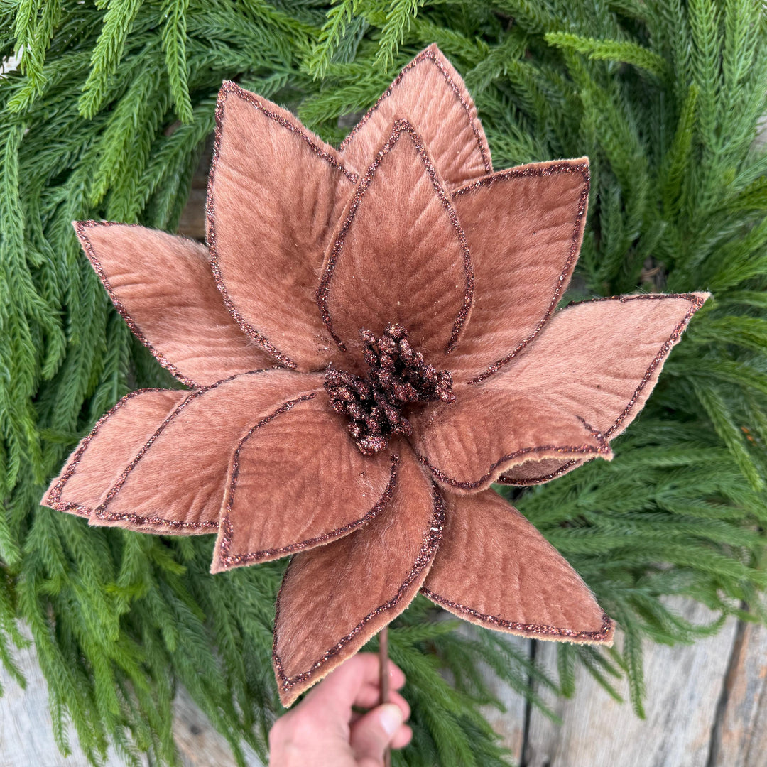 20" Brown Velvet Poinsettia Stem with Glittered Edges, Woodland Christmas Floral