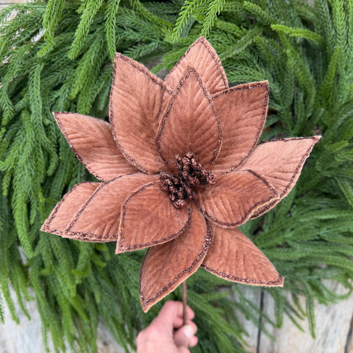 20" Brown Velvet Poinsettia Stem with Glittered Edges, Woodland Christmas Floral