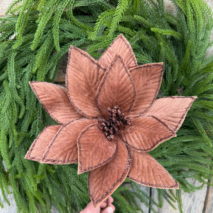 20" Brown Velvet Poinsettia Stem with Glittered Edges, Woodland Christmas Floral