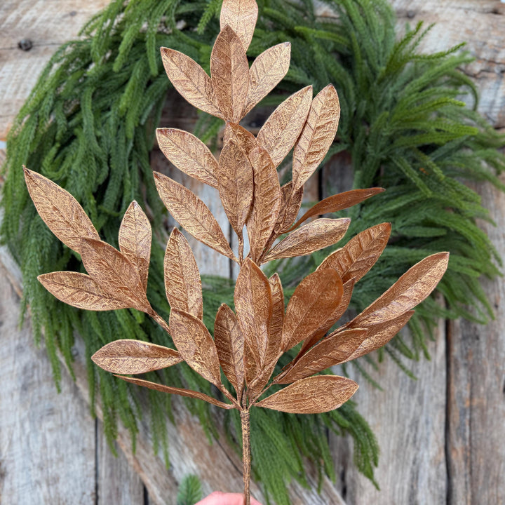 20.5" Bronze Glitter Bay Leaf Spray | Metallic Christmas Floral Greenery