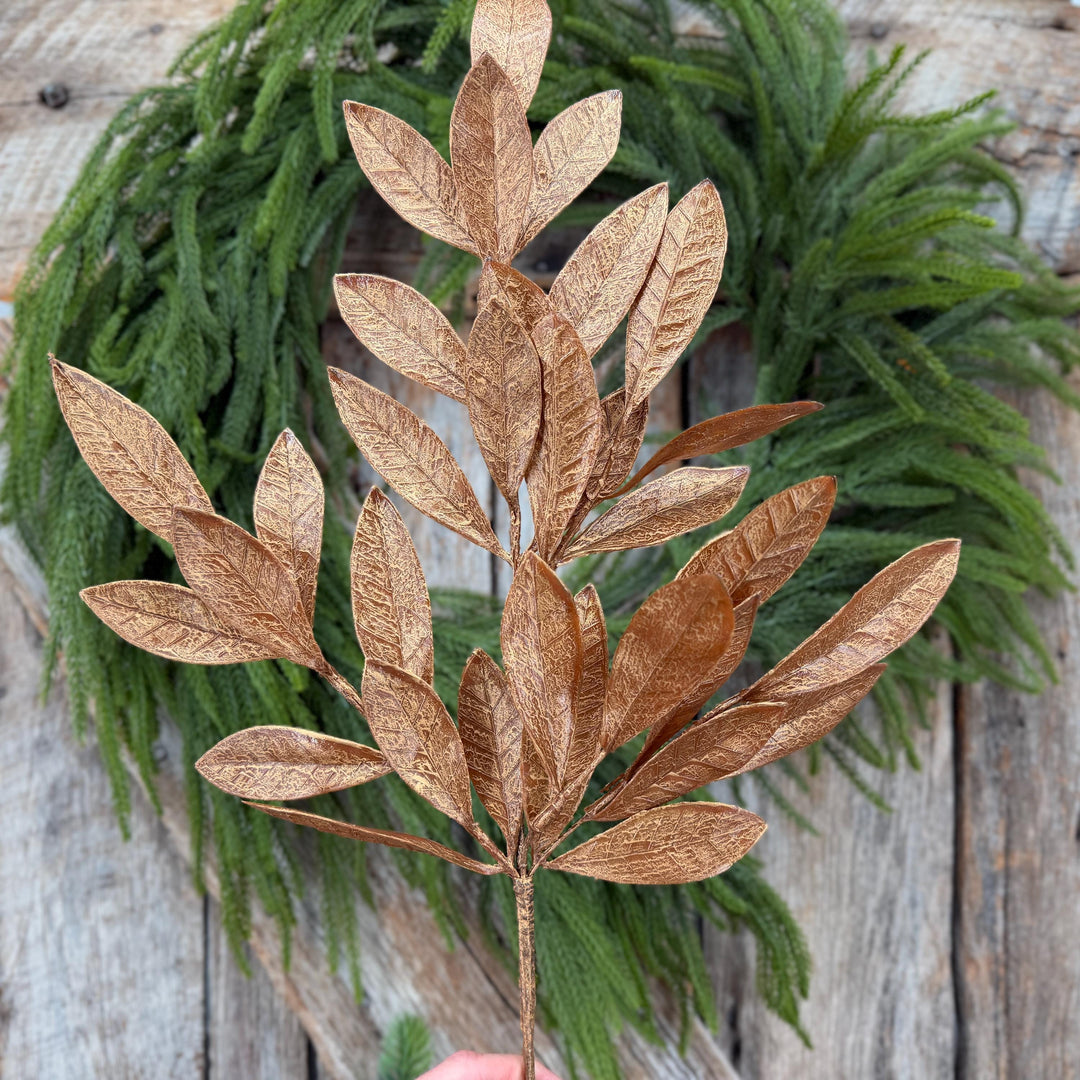 20.5" Bronze Glitter Bay Leaf Spray | Metallic Christmas Floral Greenery