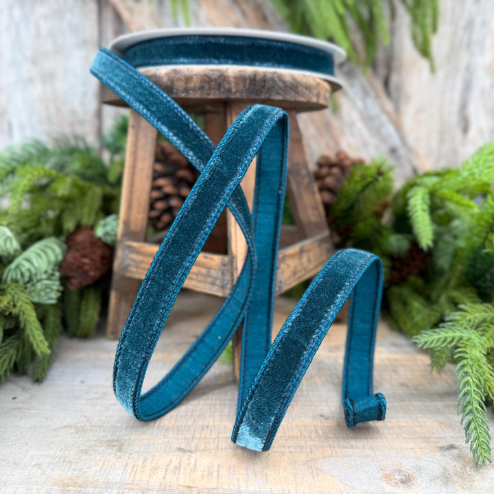 3/4" Dark Teal Velvet Luster RIbbon, Farrisilk Ribbon, Dark Teal Velvet RIbbon, Wired RIbbon, Designer RIbbon
