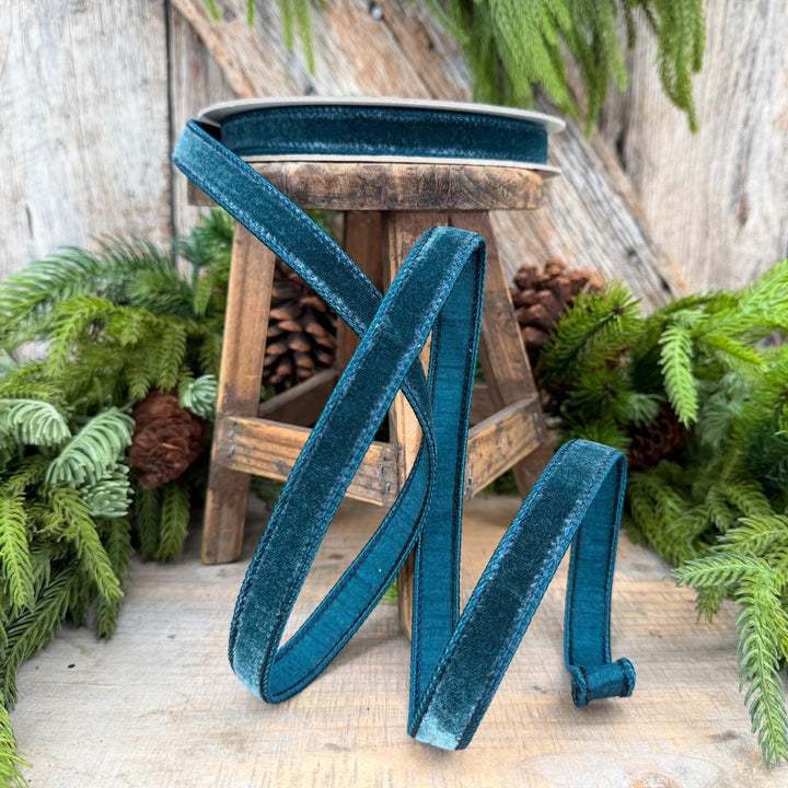 3/4" Dark Teal Velvet Luster RIbbon, Farrisilk Ribbon, Dark Teal Velvet RIbbon, Wired RIbbon, Designer RIbbon