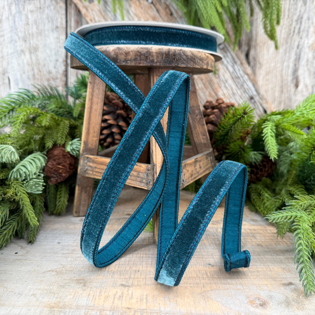 3/4" Dark Teal Velvet Luster RIbbon, Farrisilk Ribbon, Dark Teal Velvet RIbbon, Wired RIbbon, Designer RIbbon
