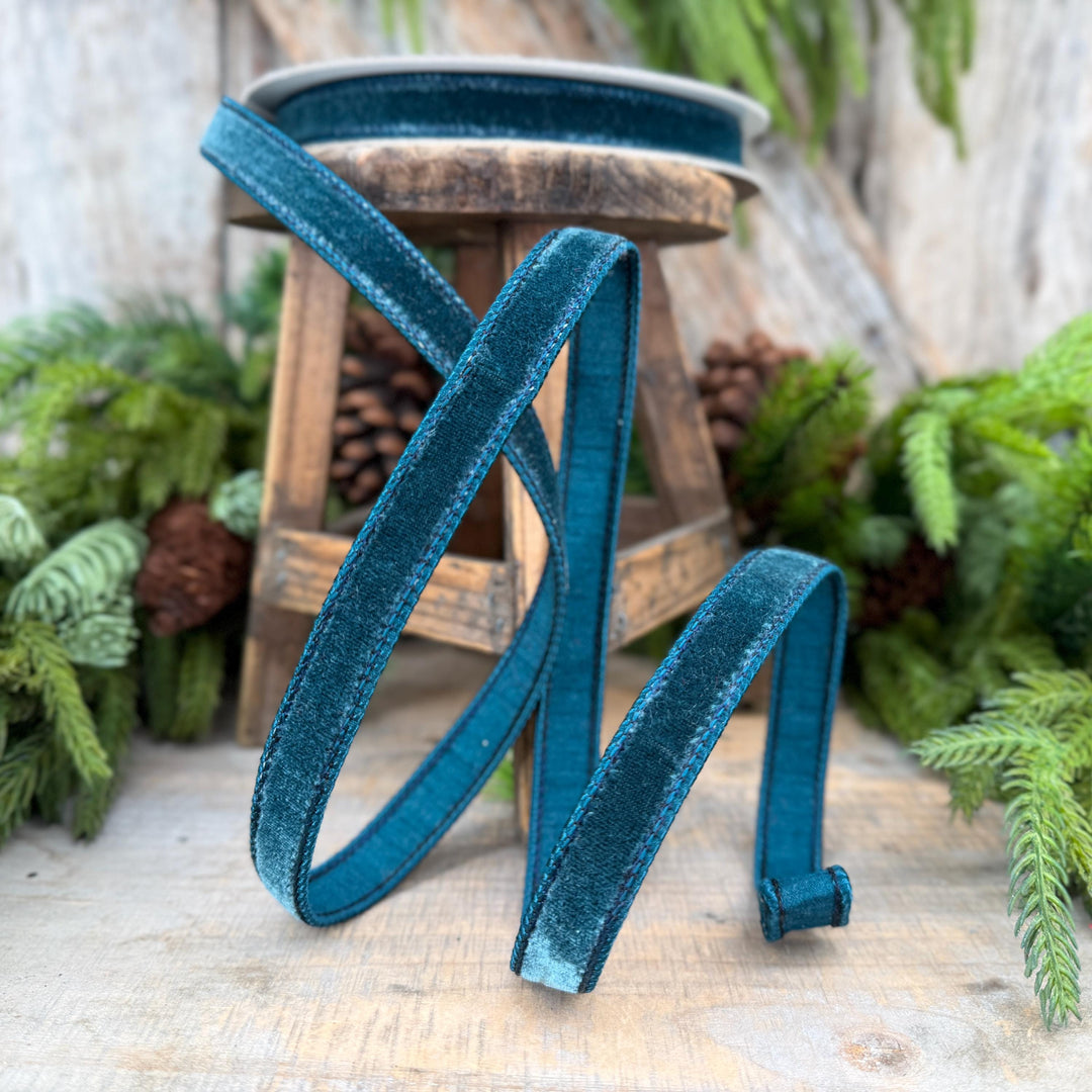 3/4" Dark Teal Velvet Luster RIbbon, Farrisilk Ribbon, Dark Teal Velvet RIbbon, Wired RIbbon, Designer RIbbon