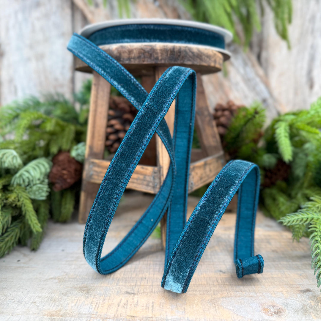 3/4" Dark Teal Velvet Luster RIbbon, Farrisilk Ribbon, Dark Teal Velvet RIbbon, Wired RIbbon, Designer RIbbon