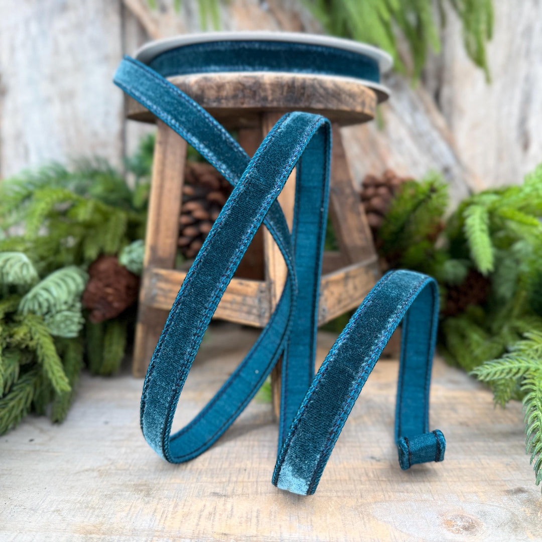 3/4" Dark Teal Velvet Luster RIbbon, Farrisilk Ribbon, Dark Teal Velvet RIbbon, Wired RIbbon, Designer RIbbon