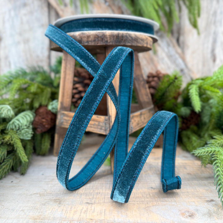 3/4" Dark Teal Velvet Luster RIbbon, Farrisilk Ribbon, Dark Teal Velvet RIbbon, Wired RIbbon, Designer RIbbon
