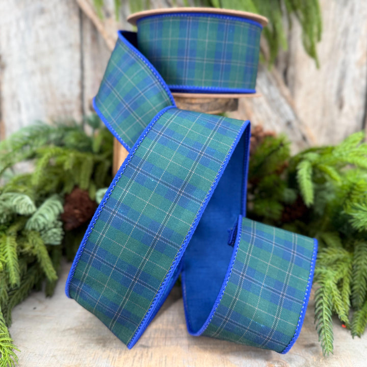 2.5" Blue Green Christmas Plaid Ribbon, Black Watch Plaid Ribbon, Navy Blue Plaid