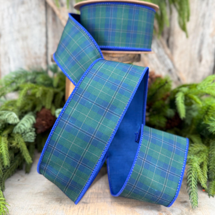 2.5" Blue Green Christmas Plaid Ribbon, Black Watch Plaid Ribbon, Navy Blue Plaid