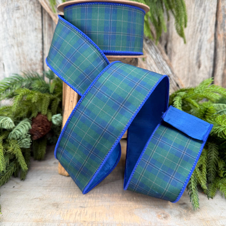 2.5" Blue Green Christmas Plaid Ribbon, Black Watch Plaid Ribbon, Navy Blue Plaid