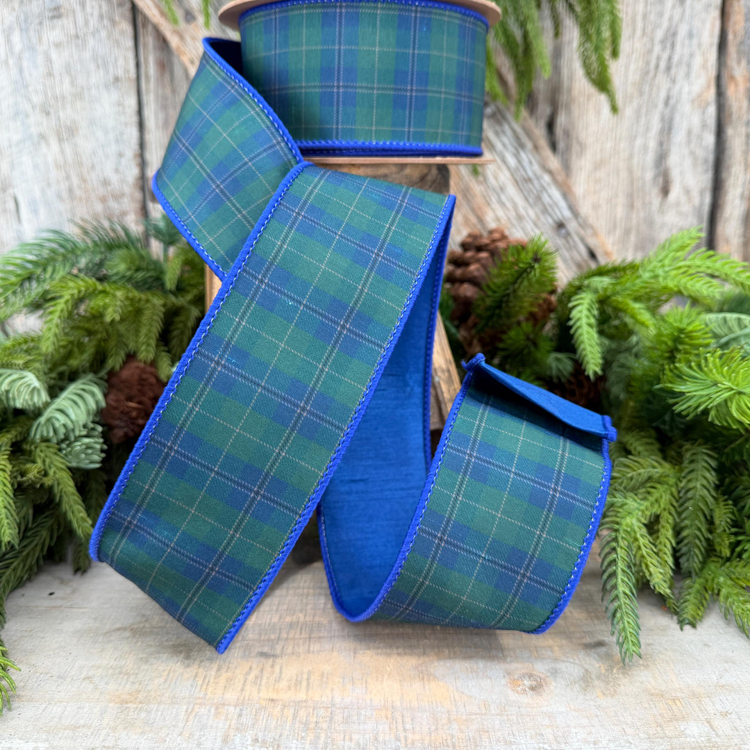 2.5" Blue Green Christmas Plaid Ribbon, Black Watch Plaid Ribbon, Navy Blue Plaid