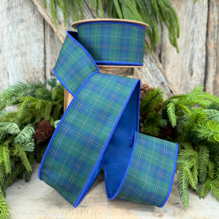 2.5" Blue Green Christmas Plaid Ribbon, Black Watch Plaid Ribbon, Navy Blue Plaid