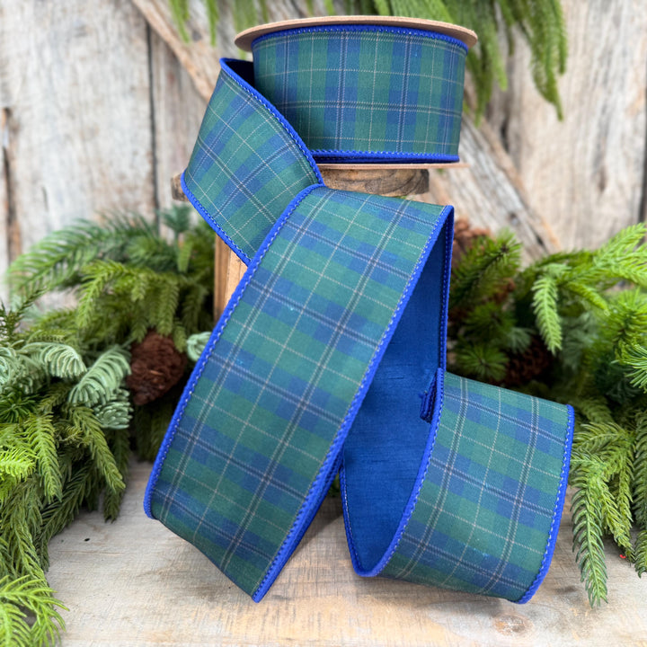 2.5" Blue Green Christmas Plaid Ribbon, Black Watch Plaid Ribbon, Navy Blue Plaid