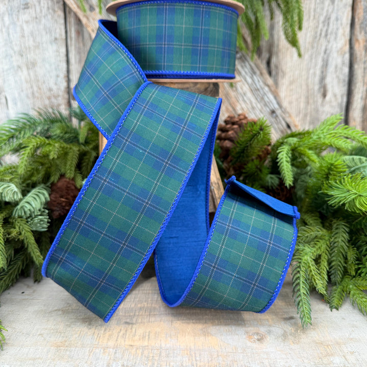 2.5" Blue Green Christmas Plaid Ribbon, Black Watch Plaid Ribbon, Navy Blue Plaid