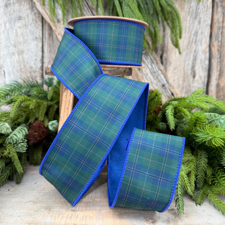2.5" Blue Green Christmas Plaid Ribbon, Black Watch Plaid Ribbon, Navy Blue Plaid