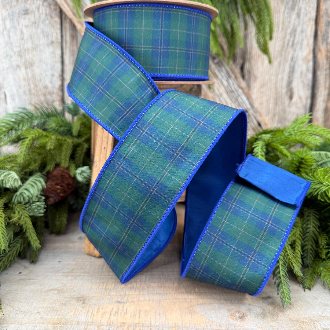2.5" Blue Green Christmas Plaid Ribbon, Black Watch Plaid Ribbon