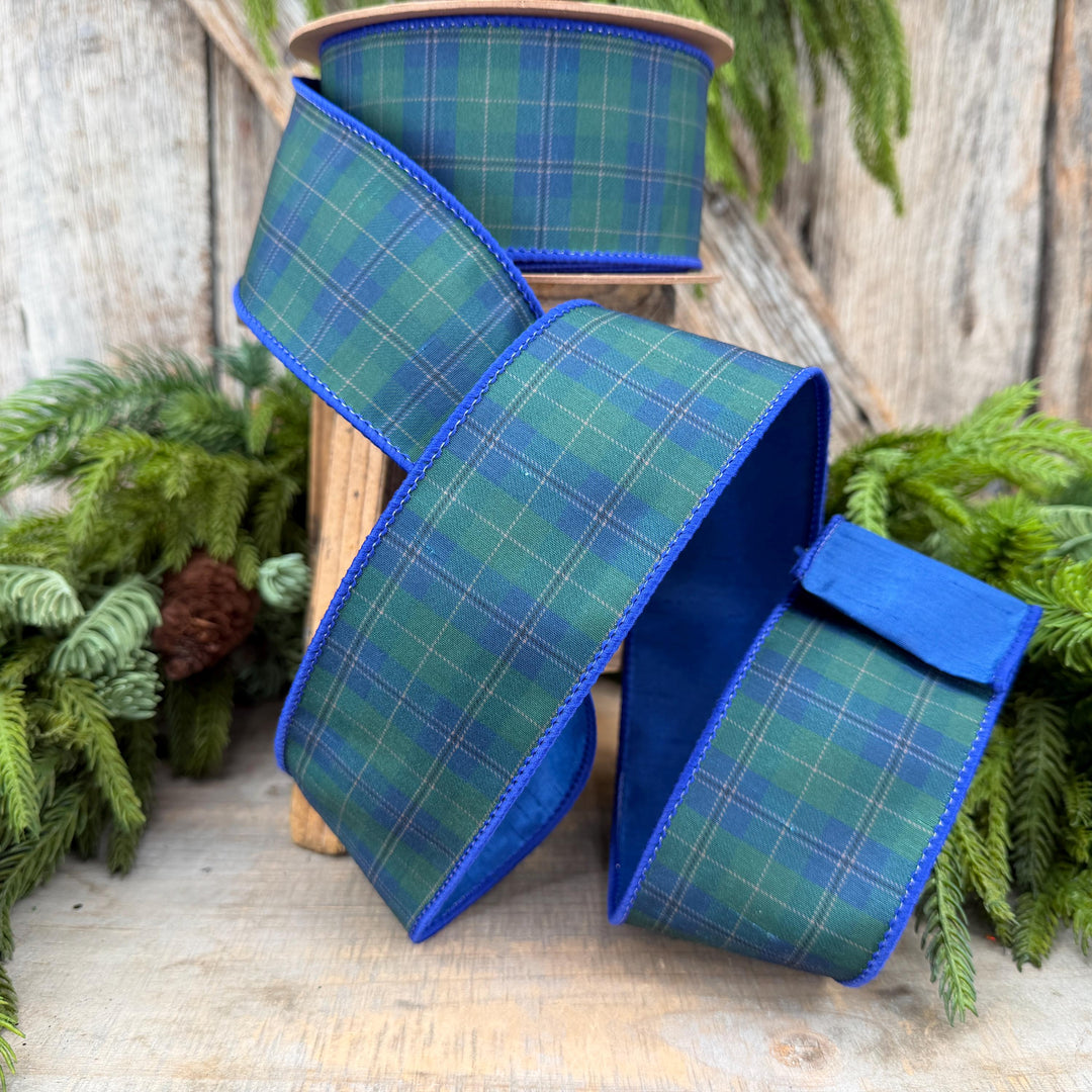 2.5" Blue Green Christmas Plaid Ribbon, Black Watch Plaid Ribbon, Navy Blue Plaid